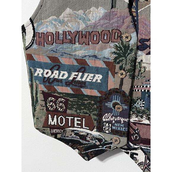 VTG 90s Tapestry Vest Unisex Large Route 66 Hot Rods Hollywood Travel USA - Picture 6 of 14